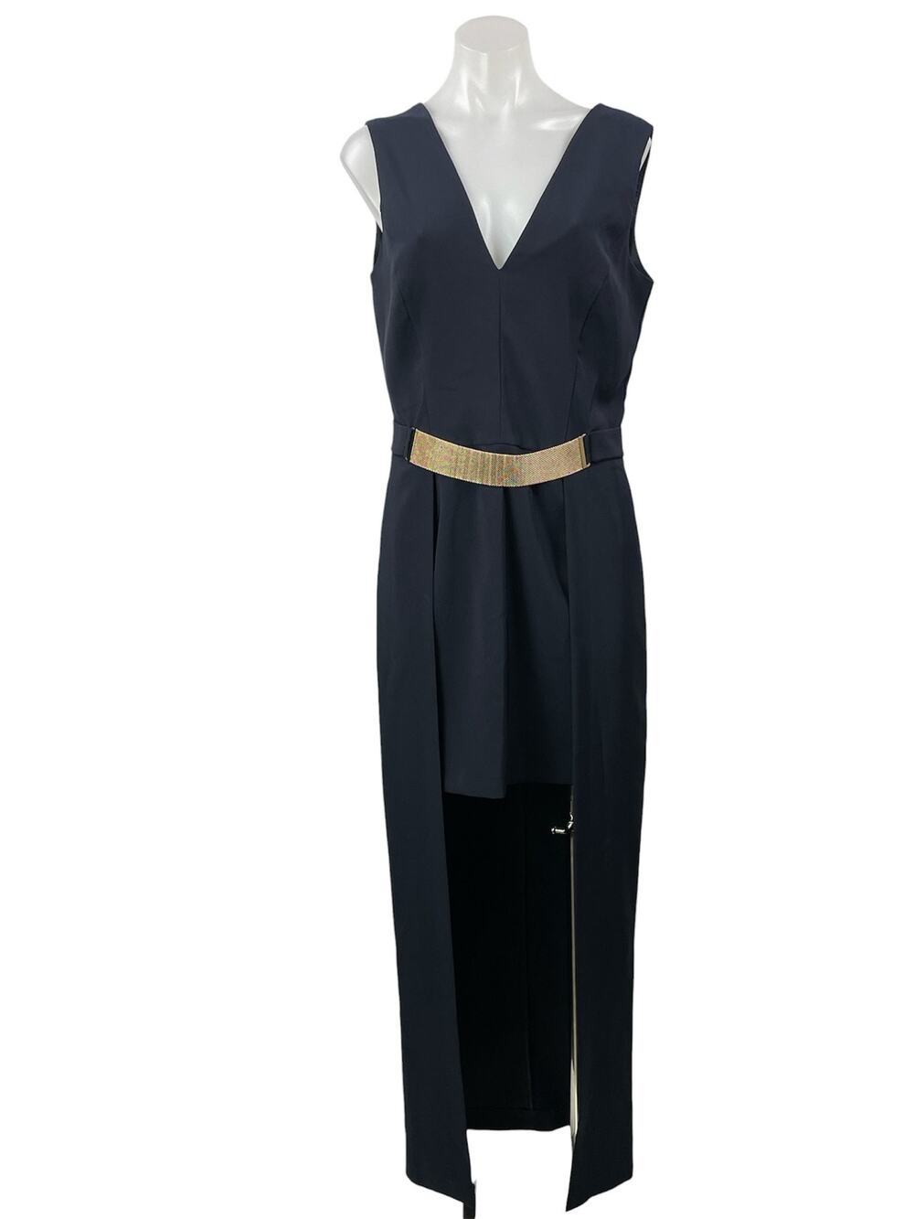 Miss Selfridge Black Gold Belt Sleeveless V Neck Prom High Low Maxi Dress Size 8